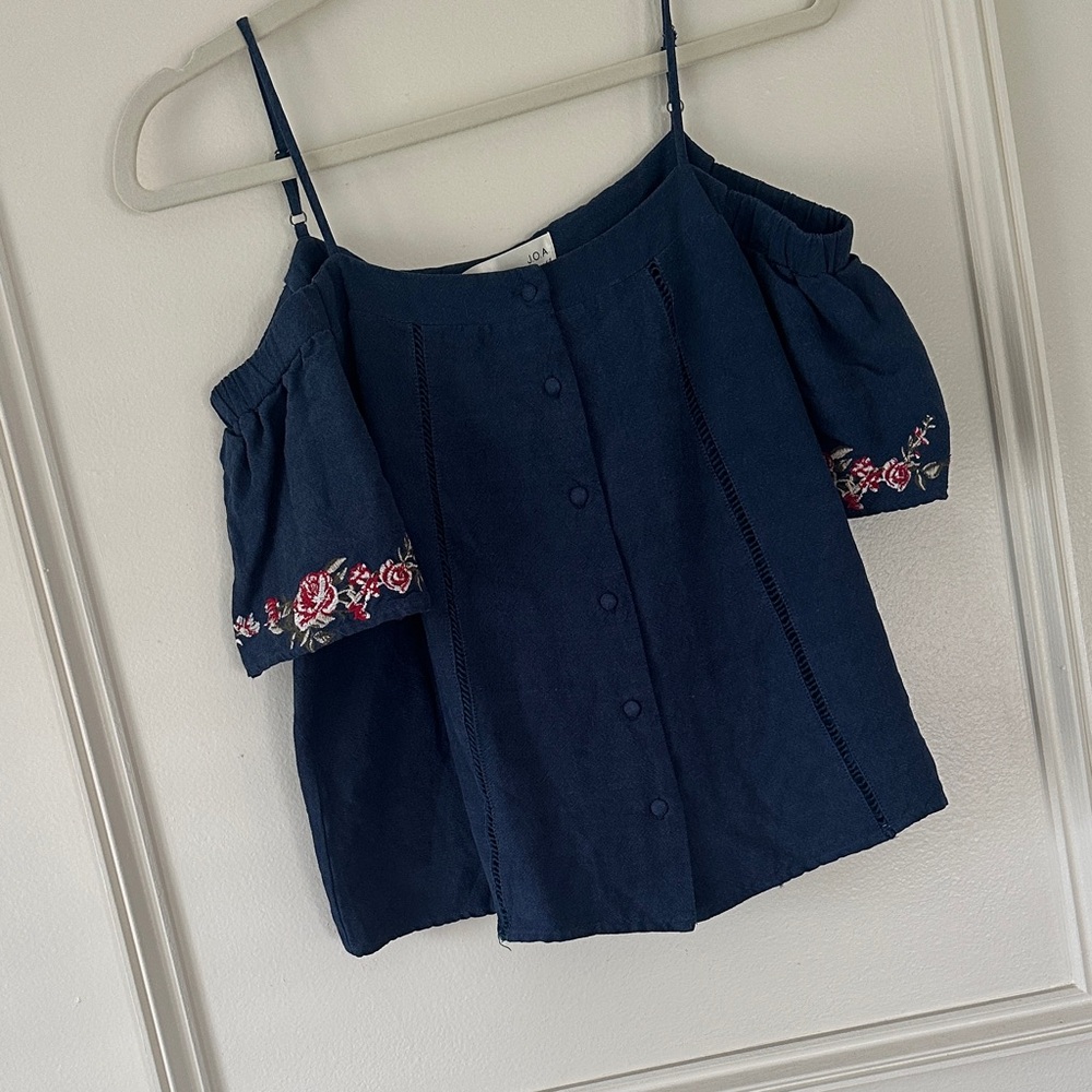 J.O.A. Navy Off-Shoulder Blouse with Floral Embroidery